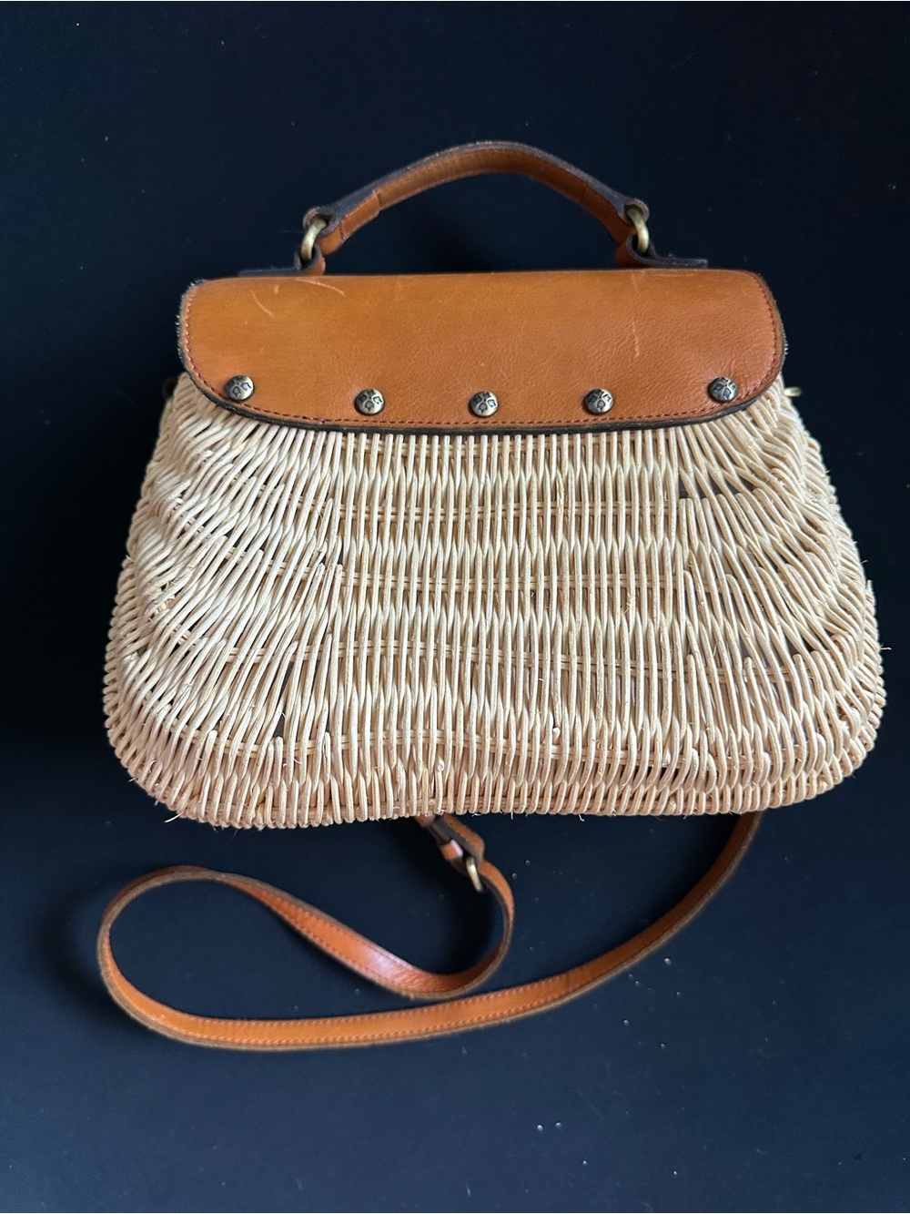 Patricia Nash Tan Leather & Woven Straw Crossbody Bag basket satchel - Picture 5 of 16